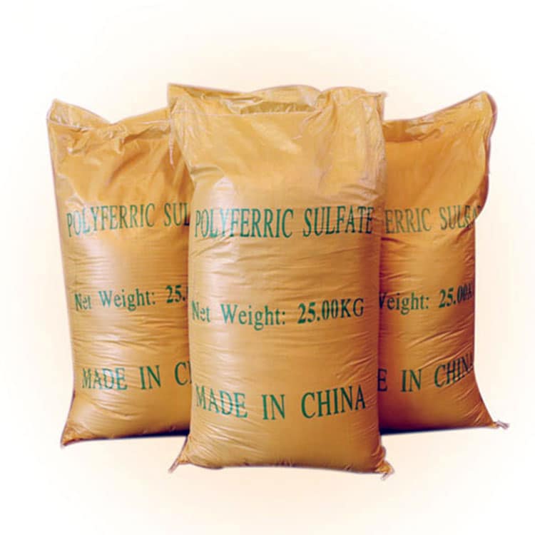 Poly Ferric Sulfate (PFS): Your Powerful Solution for Water Purification and Treatment 2 Poly Ferric Sulphate (PFS) packaged in yellow woven plastic bags for secure storage and transportation.